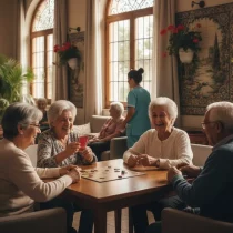 La elección fundamental: Consideraciones al buscar una Residencia de Ancianos en Sevilla 1 Sala común luminosa y adaptada en una residencia de ancianos en Sevilla con residentes interactuando.