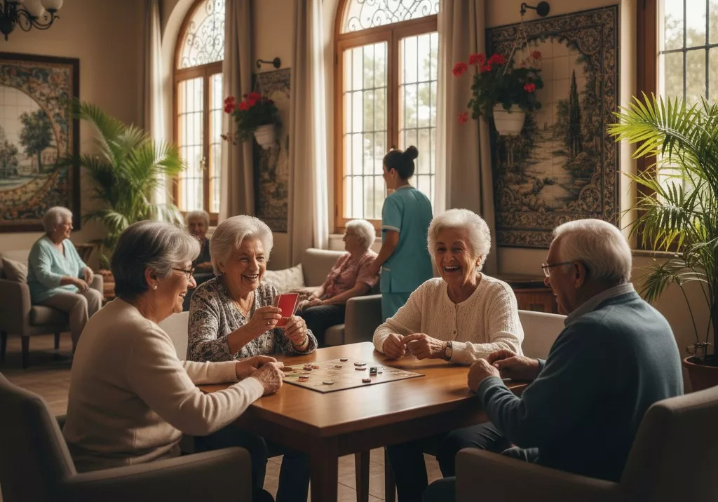 La elección fundamental: Consideraciones al buscar una Residencia de Ancianos en Sevilla 1 Sala común luminosa y adaptada en una residencia de ancianos en Sevilla con residentes interactuando.