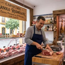 El valor de la especialización en el sector cárnico: Guía de calidad en el barrio de El Porvenir 7 Mostrador de carnes selectas y cortes premium en una carnicería tradicional de Sevilla.