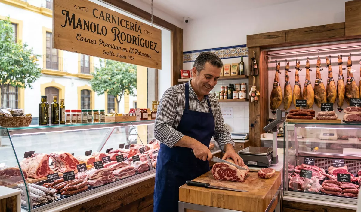 El valor de la especialización en el sector cárnico: Guía de calidad en el barrio de El Porvenir 1 Mostrador de carnes selectas y cortes premium en una carnicería tradicional de Sevilla.