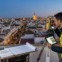 Un topógrafo utilizando una estación total de precisión en un entorno urbano de Dos Hermanas, con la Giralda de Sevilla visible en el horizonte.