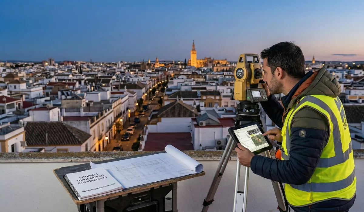 Guía técnica sobre los informes topográficos en Dos Hermanas: Aplicaciones y rigor profesional 1 Un topógrafo utilizando una estación total de precisión en un entorno urbano de Dos Hermanas, con la Giralda de Sevilla visible en el horizonte.