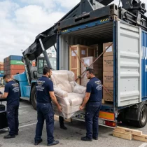 Guía técnica sobre la logística integral en las mudanzas internacionales 1 Operarios especializados de la empresa Mudanzas Pablo realizando la carga y estiba de mobiliario protegido en un contenedor marítimo para una mudanza internacional.