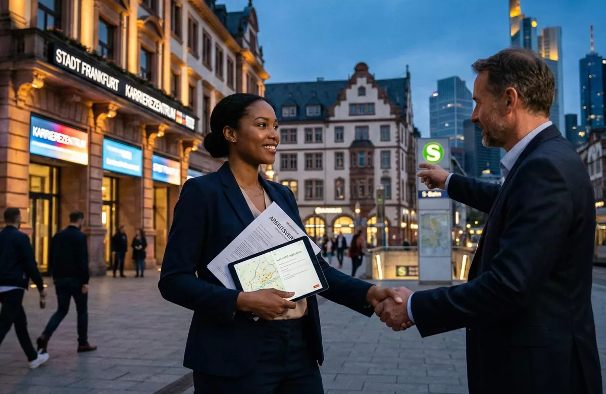 Documentos de contrato de trabajo en Alemania y dispositivos digitales en un escritorio profesional de Berlín.