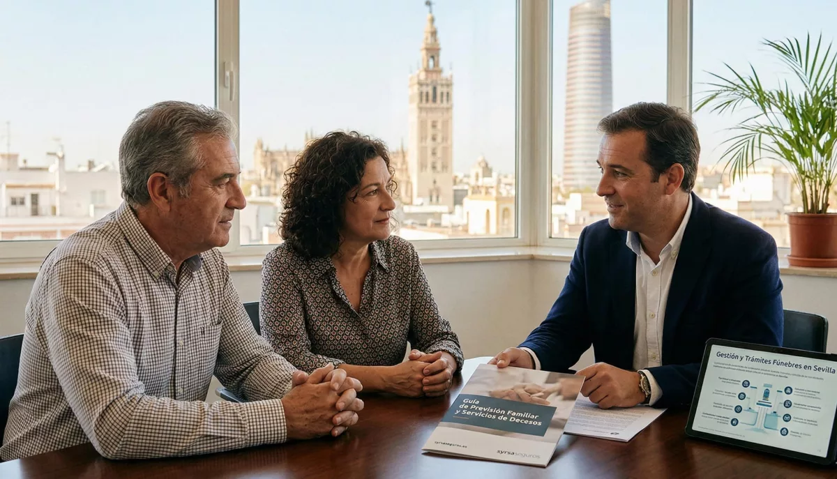 Un asesor de seguros en Sevilla conversa con una pareja sobre la planificación familiar y coberturas de decesos.