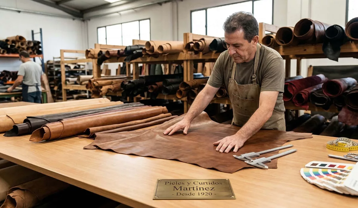 Guía técnica para la selección de proveedores de curtidos y pieles en la industria manufacturera 1 n técnico de producción inspecciona la calidad y el color de una piel curtida en un almacén de proveedores.