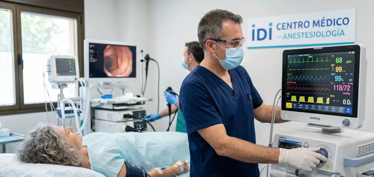 Anestesiología en Sevilla: Tu seguridad es nuestra prioridad en el Centro Médico IDI 1 Anestesiólogo del Centro Médico IDI monitorizando a un paciente durante una intervención quirúrgica en Sevilla.