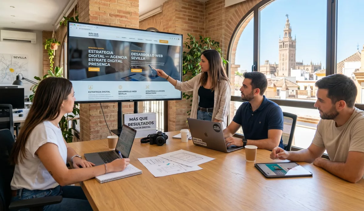 Equipo trabajando en un proyecto de diseño web en Sevilla frente a monitores