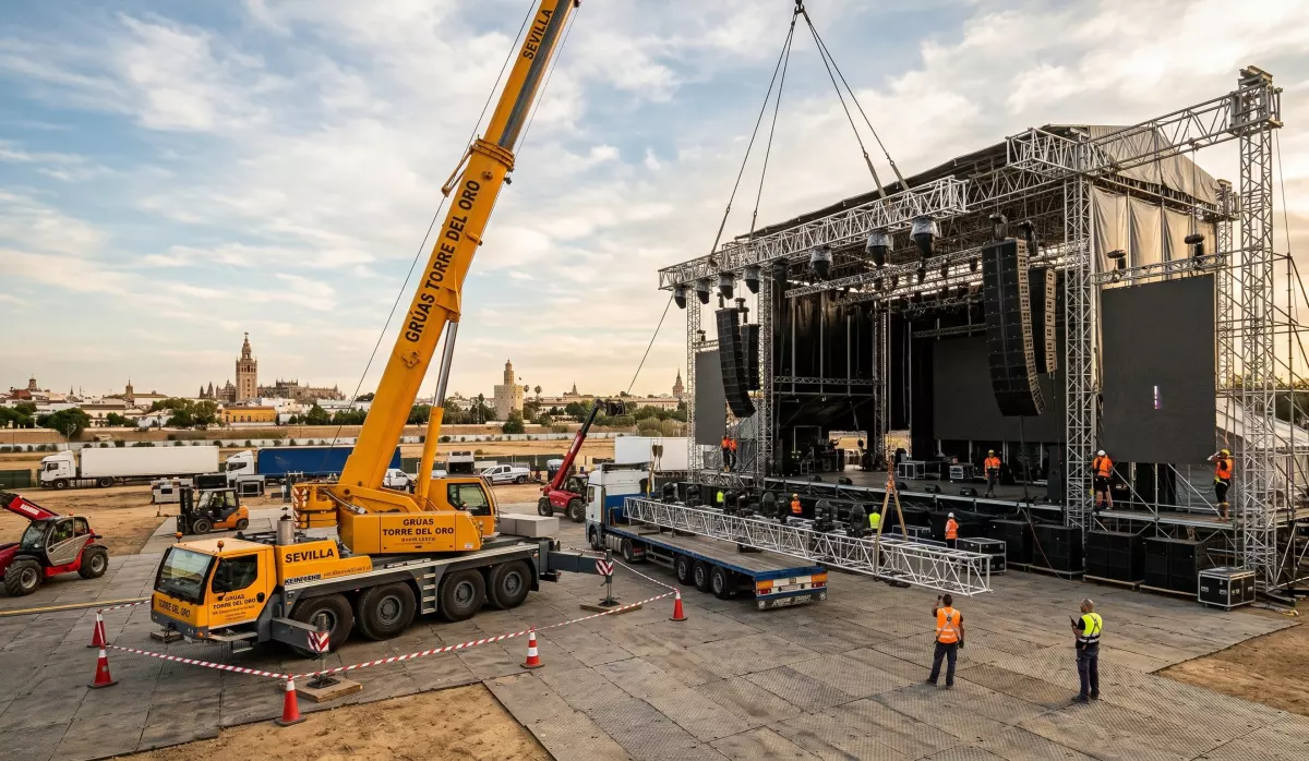 La logística invisible: El papel crucial de la maquinaria de elevación en grandes eventos 1 Operarios de Grúas Torre del Oro gestionando una asistencia técnica en la autovía SE-30 de Sevilla, ilustrando la capacidad logística de la empresa.