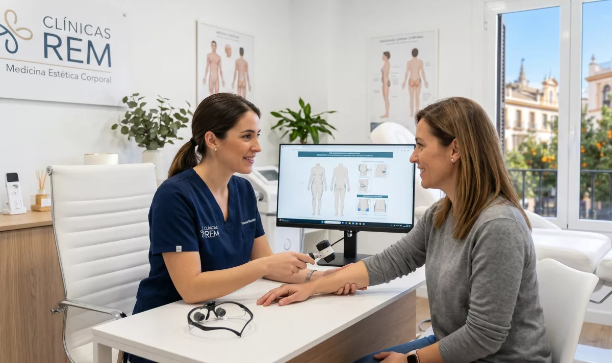 El arte del bienestar: Medicina estética corporal en Sevilla 1 Profesional médico realizando una valoración en una clínica de medicina estética en Sevilla.