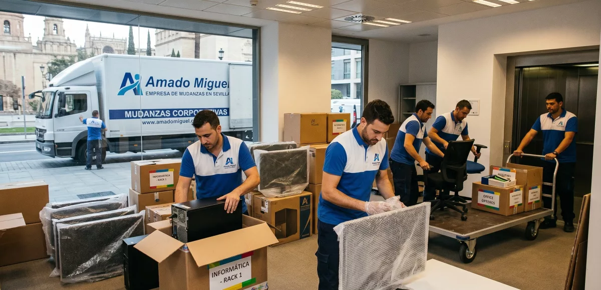 Un equipo de operarios de mudanzas profesionales embalando y moviendo equipos de IT y mobiliario de oficina en una oficina moderna en Sevilla.