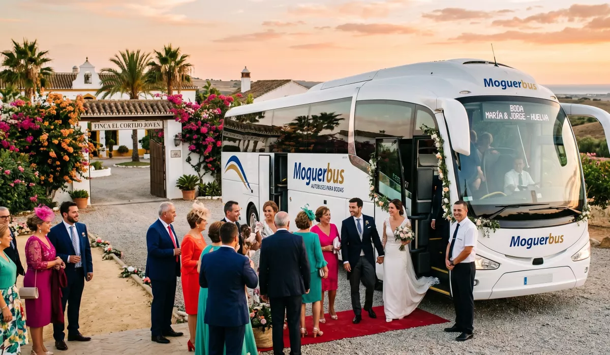 Planifica el Transporte Perfecto para tu Gran Día: Autocares para Bodas en Huelva 1 Flota de autocares elegantes para el traslado de invitados de bodas estacionados en la provincia de Huelva.