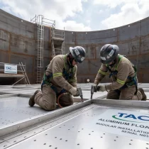 Installation of a high-performance floating roof seal and compression plate system on an industrial bulk storage tank.