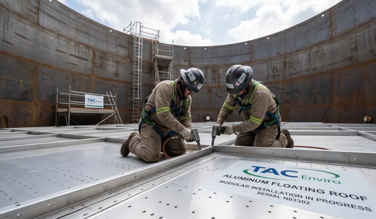 Installation of a high-performance floating roof seal and compression plate system on an industrial bulk storage tank.