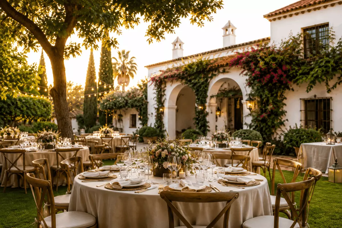 Alquiler de mesas y sillas para eventos de verano en Sevilla en una finca exterior con mesas montadas, sillas de madera y decoración elegante.