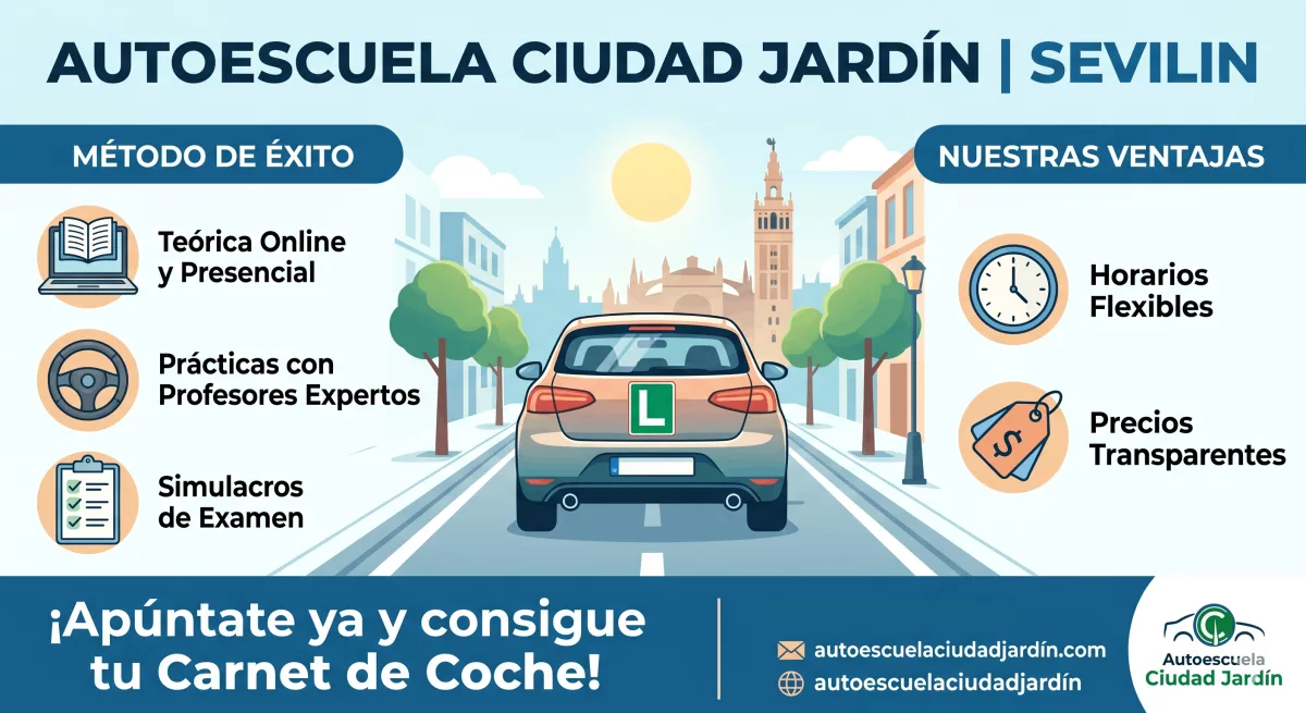 Carnet de coche en Sevilla: Guía para aprobar el permiso B sin renovar expediente 1 Infografía promocional de Autoescuela Ciudad Jardín para obtener el carnet de coche en Sevilla con ventajas y método de éxito.