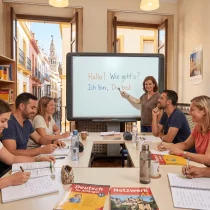Alumnos adultos participando en una clase de alemán para principiantes en Sevilla