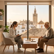 Profesional sanitario atendiendo a una paciente en un centro médico multidisciplinar de Sevilla