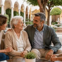 Cuándo buscar una residencia para un familiar mayor en Sevilla con familia acompañando a una persona mayor y conversando con personal del centro