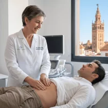 Especialista digestivo atendiendo a un paciente adulto en una consulta de Sevilla