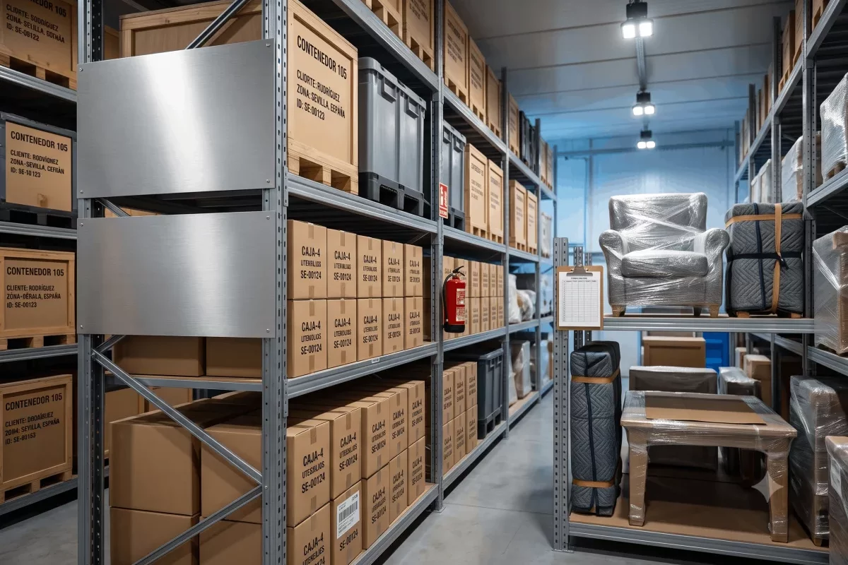 Guardamuebles en Sevilla: qué comprobar antes de contratarlo 1 Instalaciones profesionales de guardamuebles en Sevilla con contenedores identificados y muebles protegidos