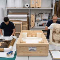 Profesionales preparando una pintura y una escultura para una mudanza de obras de arte