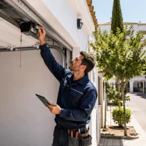 Reparación de puertas automáticas en Huelva: averías y soluciones 1 Técnico revisando el motor de una puerta automática de garaje en una vivienda de Huelva