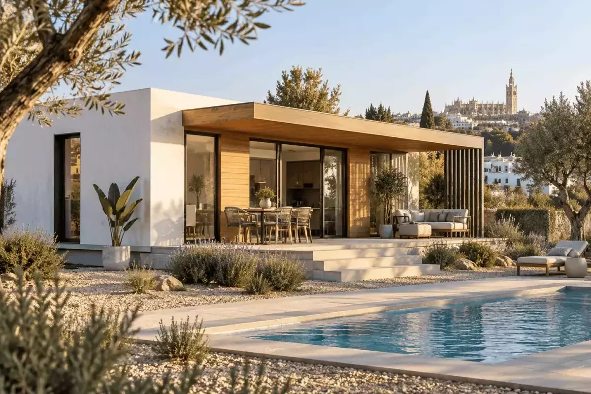 Casa modular moderna instalada en una parcela en Sevilla